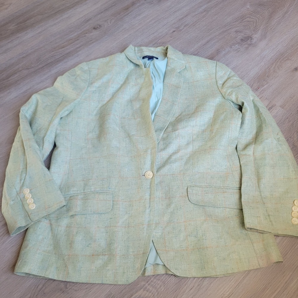 Lands End Womens‎ Blazer 14P Green Wool Silk Linen Plaid Business Casual Jacket
